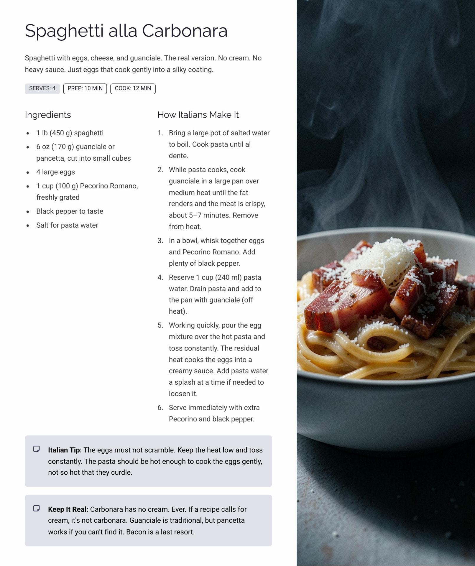 Recipe page from the guide for Spaghetti alla Carbonara