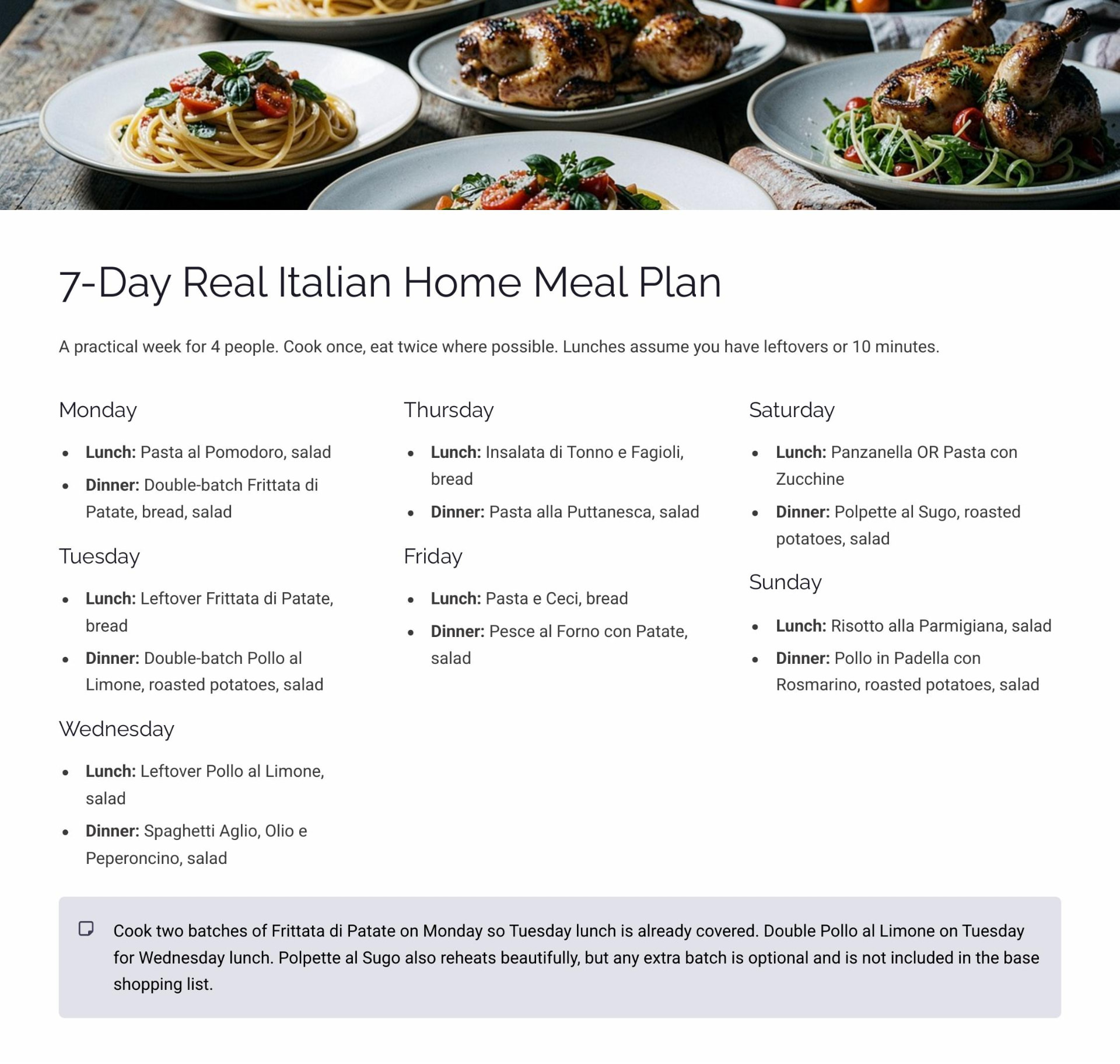 7-Day Real Italian Home Meal Plan page from the guide