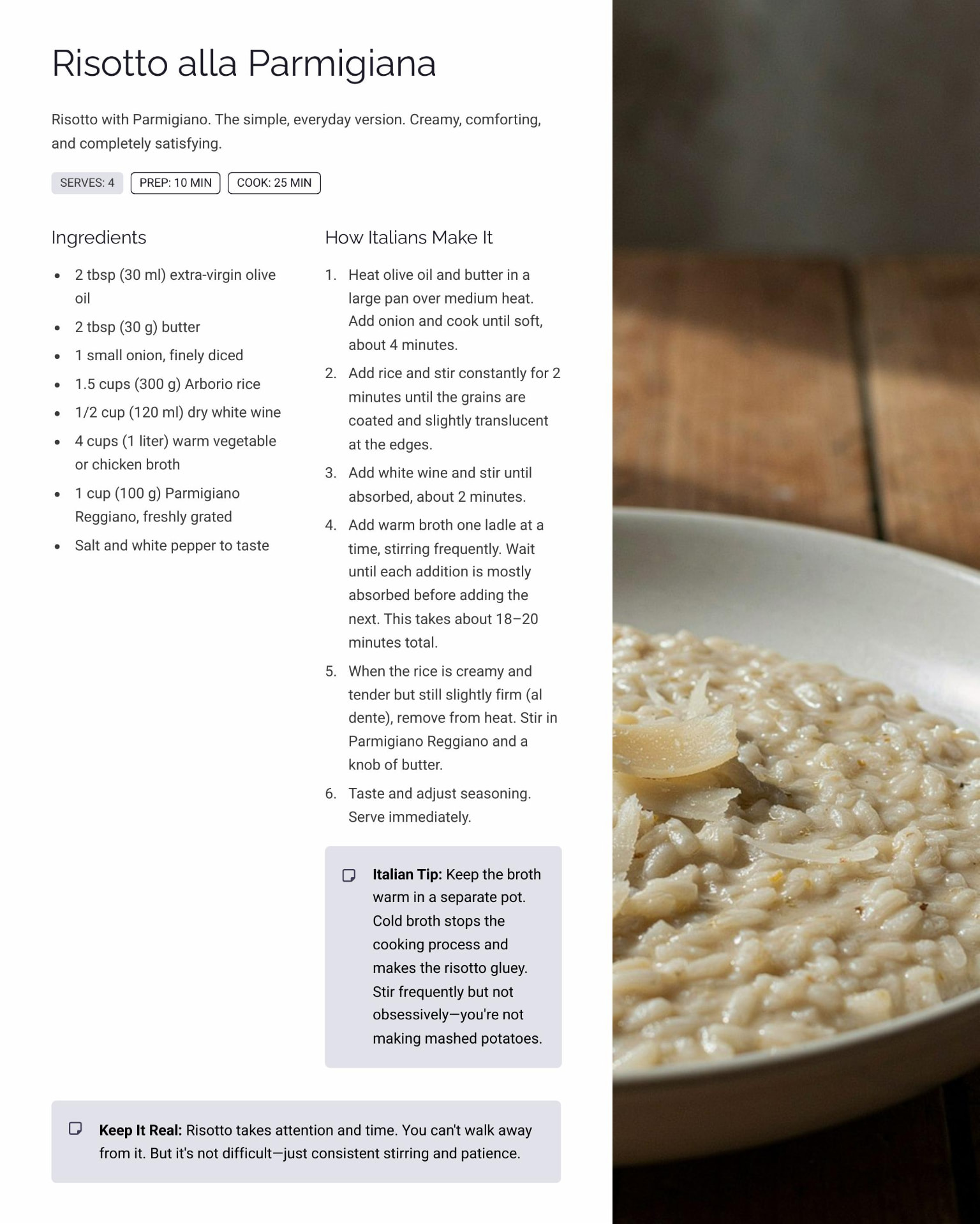 Recipe page from the guide for Risotto alla Parmigiana with Italian Tip and Keep It Real notes